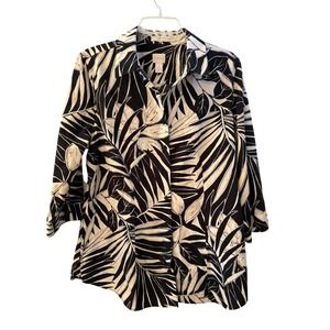Chicos No Iron Shirt Black White Tropical Palm Leaf Tropical Blouse Womens 2 (L)